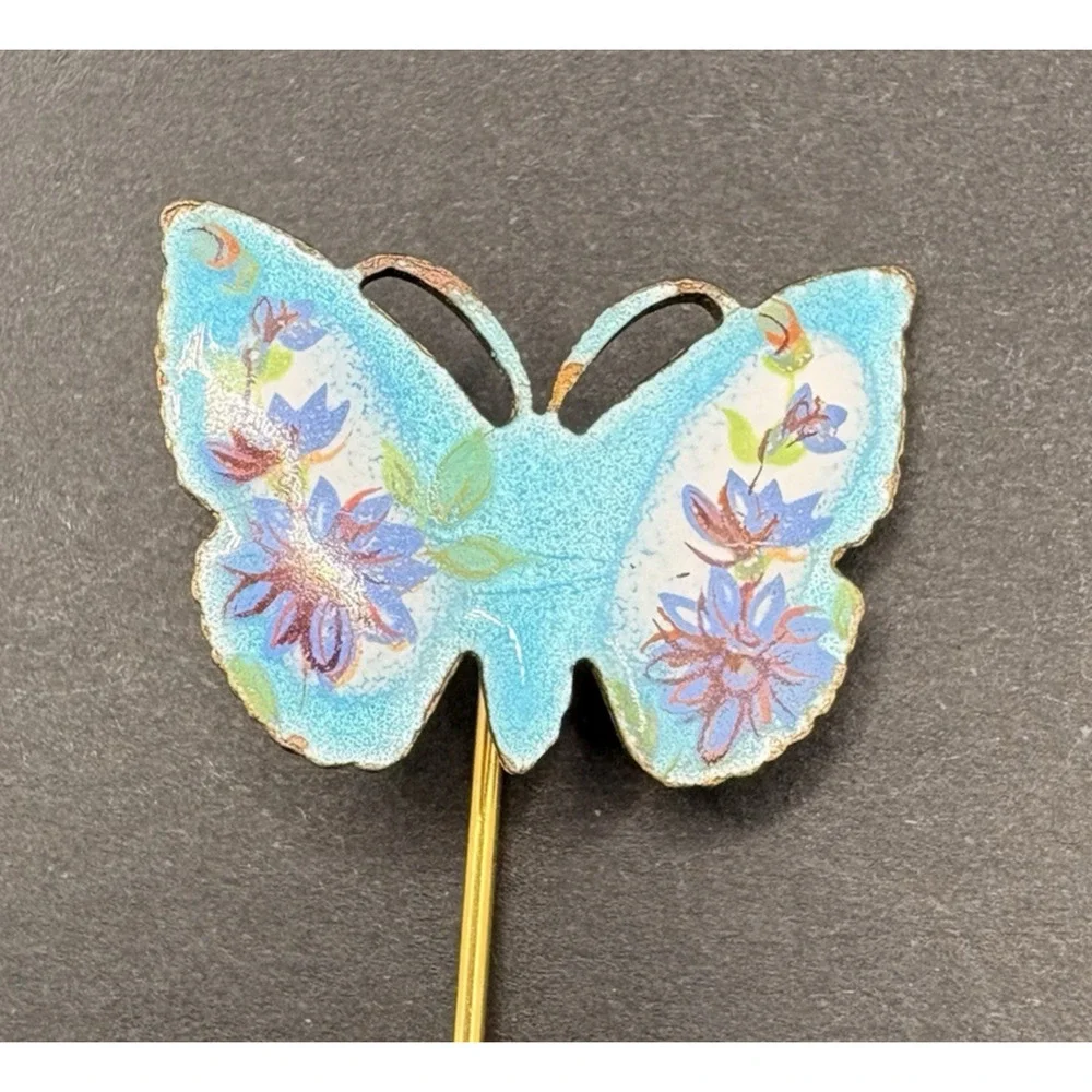 Vintage Enameled‎ Blue Butterfly Floral Flowers Stick Pin Brooch Gold Tone